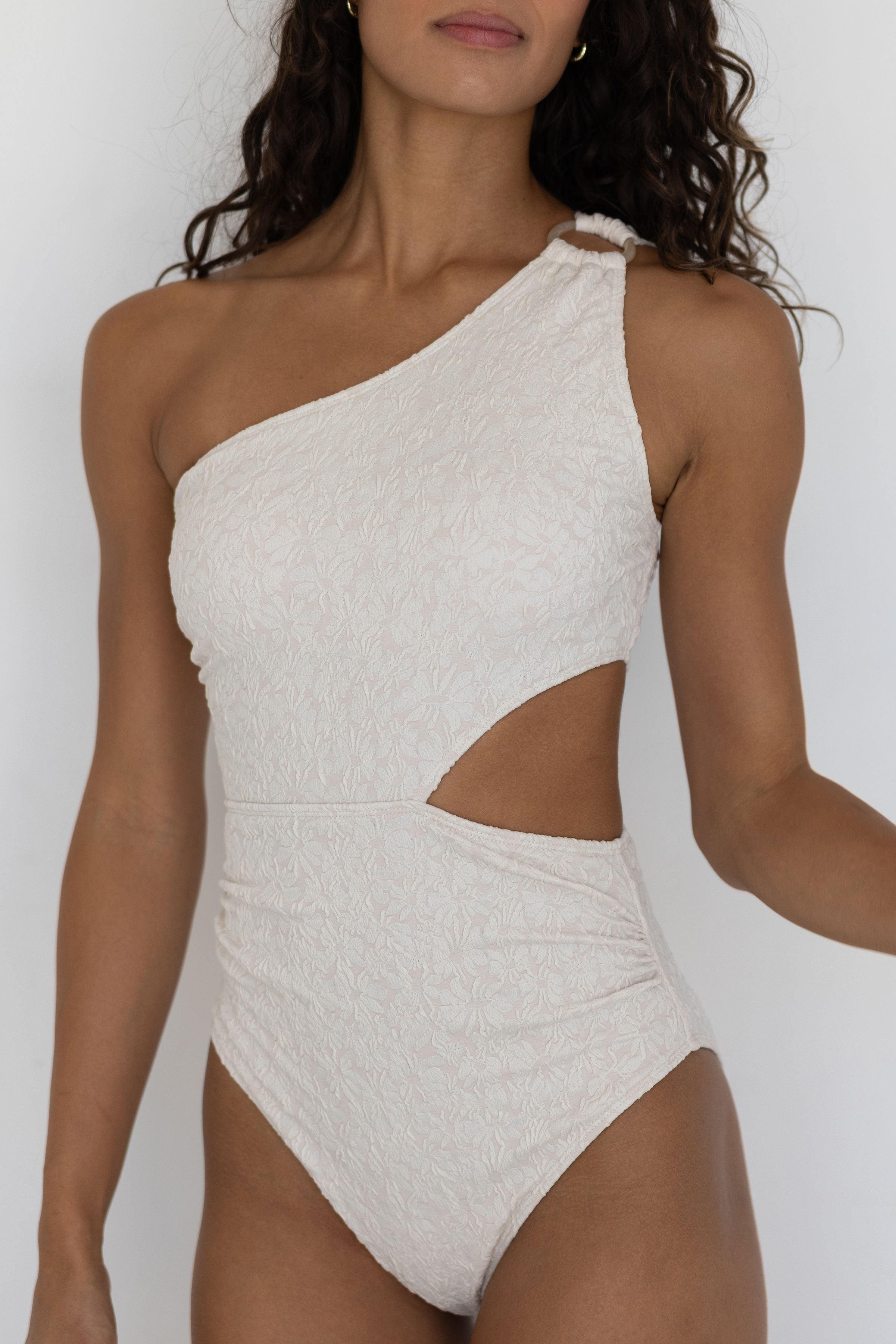Lucia One Piece Swimsuit | One Shoulder Textured Beige Swimsuit for Women