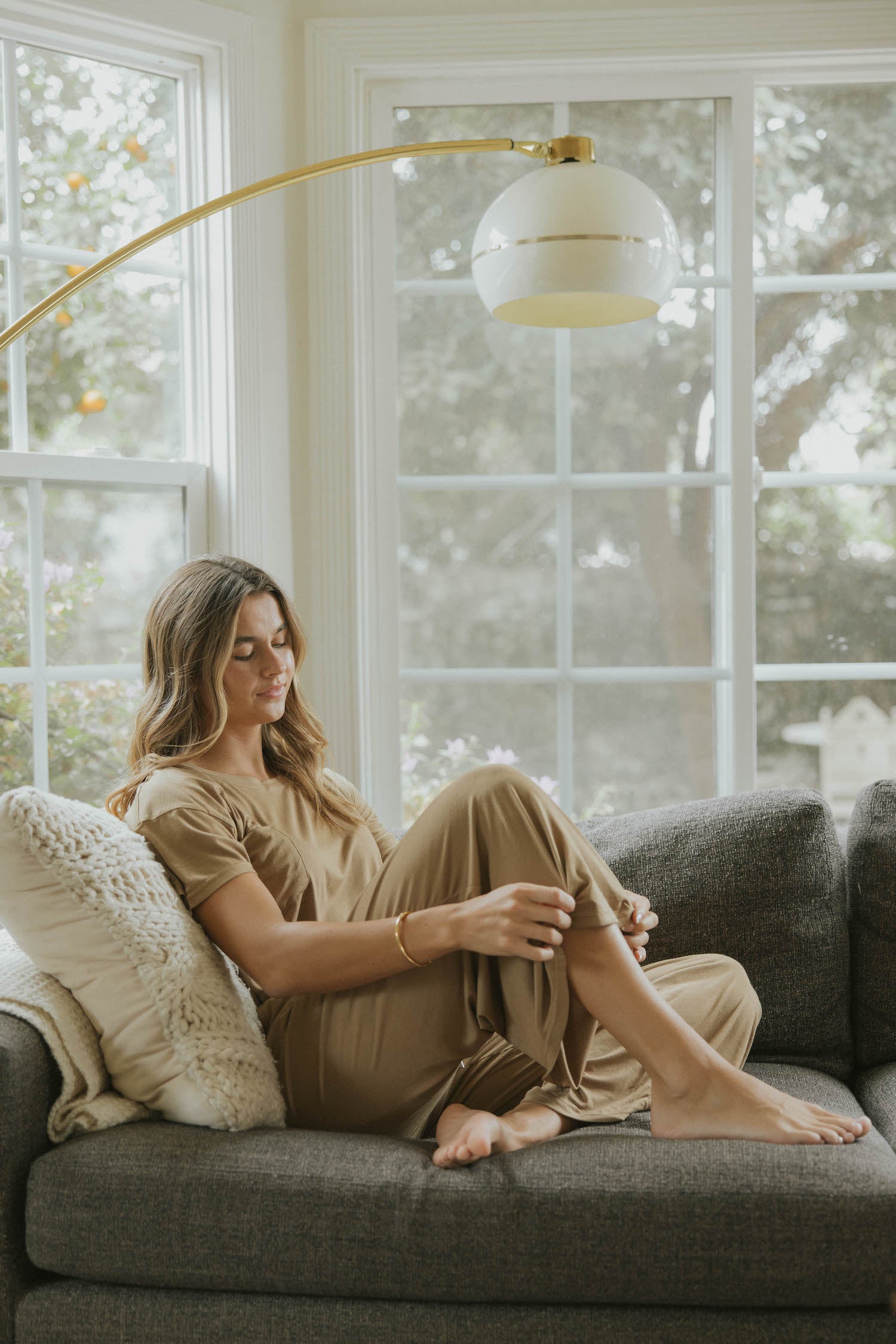 Stretchy and adjustable brown pajama pant for women.