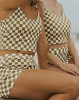 olive green and white checkered tankini top modest womens swimwear