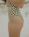 High waisted bottoms checkered pattern olive green trendy cute swimsuit
