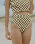 High waisted bottoms checkered pattern olive green trendy cute swimsuit