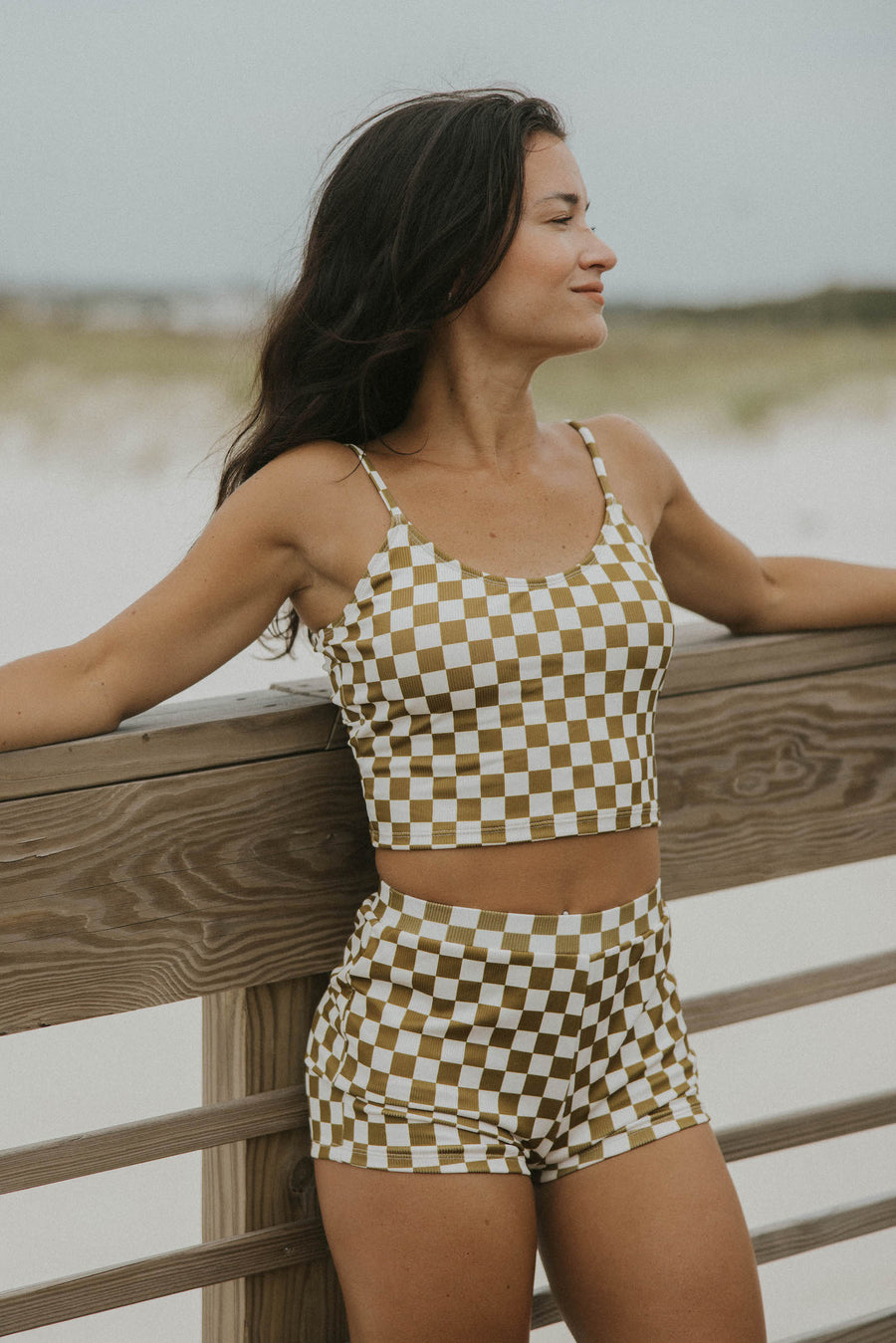 Olive Green and White Checkered Swimsuit Top