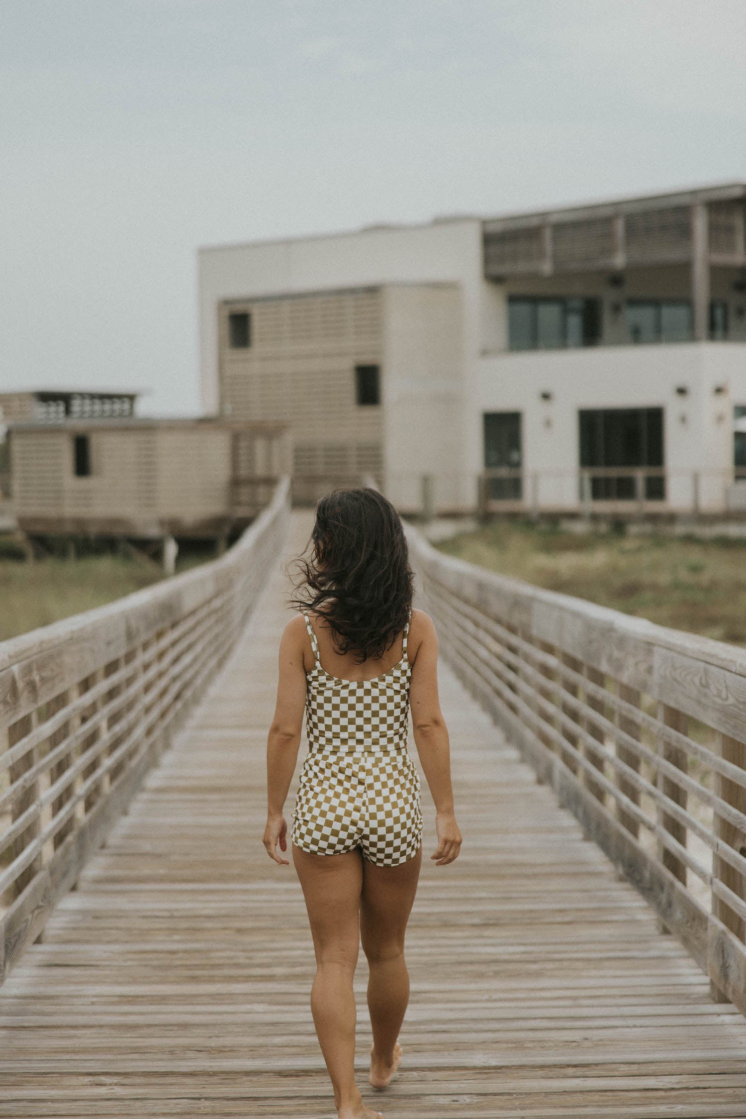 trendy checkered olive green and white swim shorts for women modest comfortable