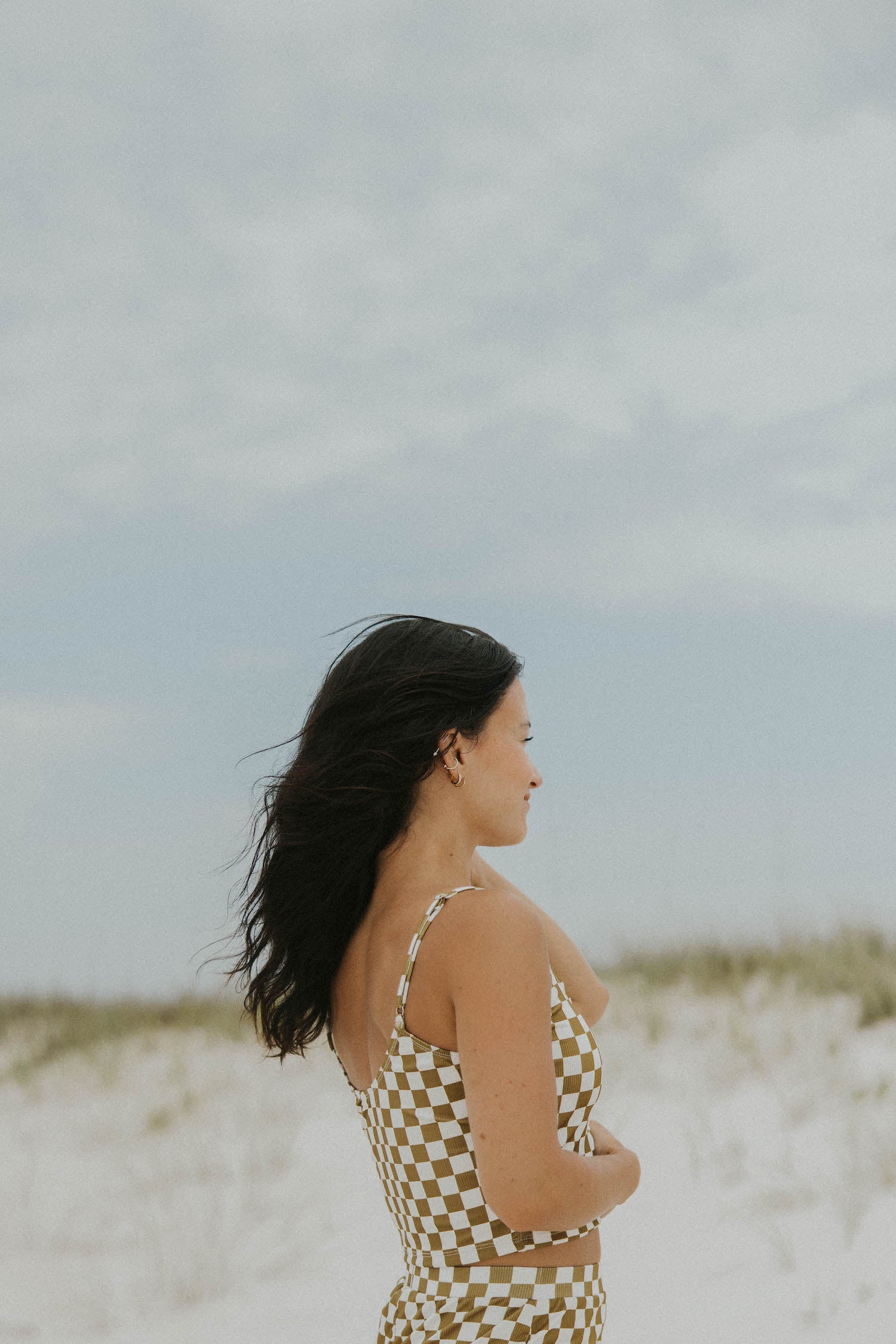 olive green and white checkered tankini top modest womens swimwear