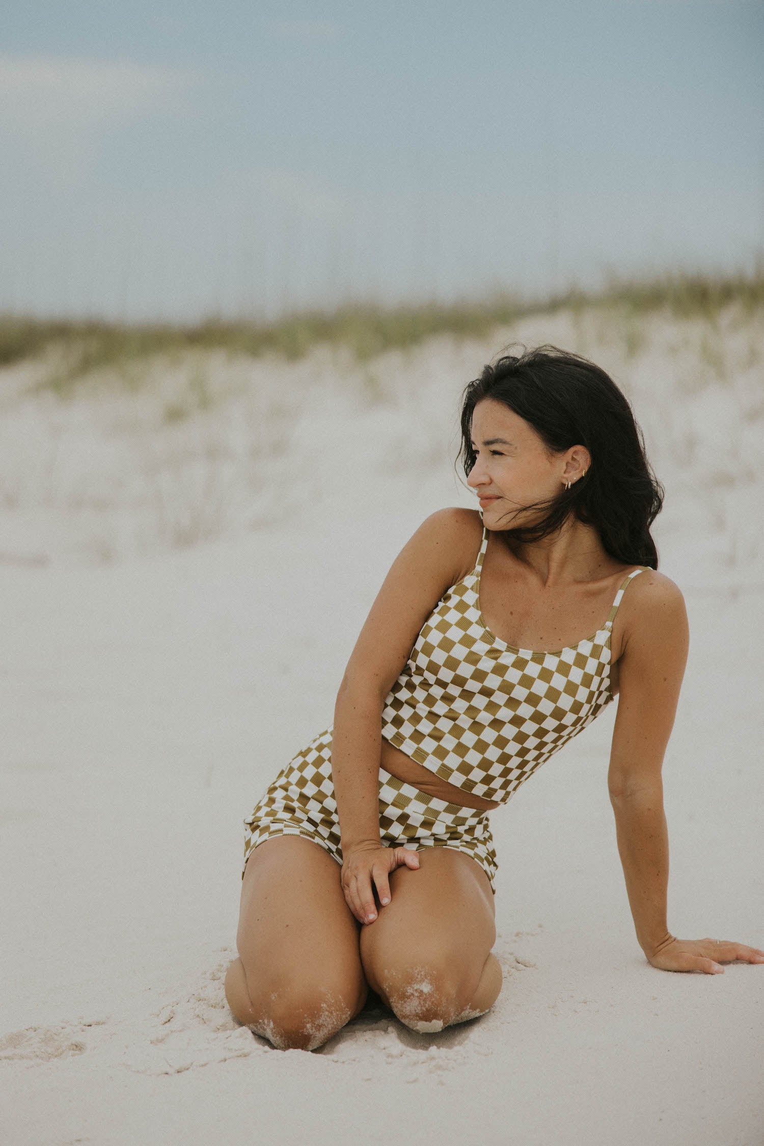 Cropped bikini top checkered pattern olive green trendy cute swimsuit