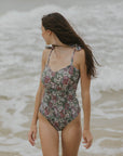 smocked pink and purple floral one piece swimsuit for women modest