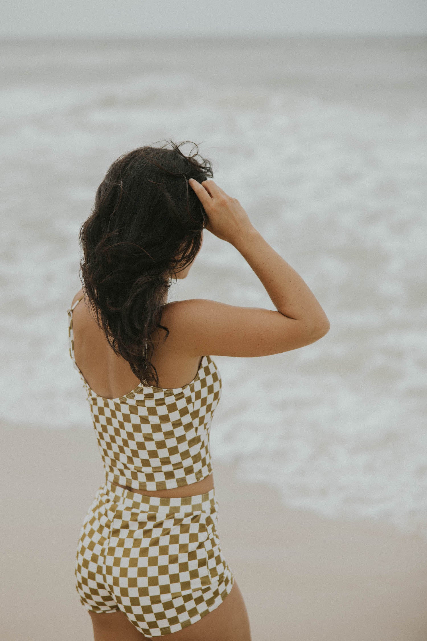 Cropped bikini top checkered pattern olive green trendy cute swimsuit
