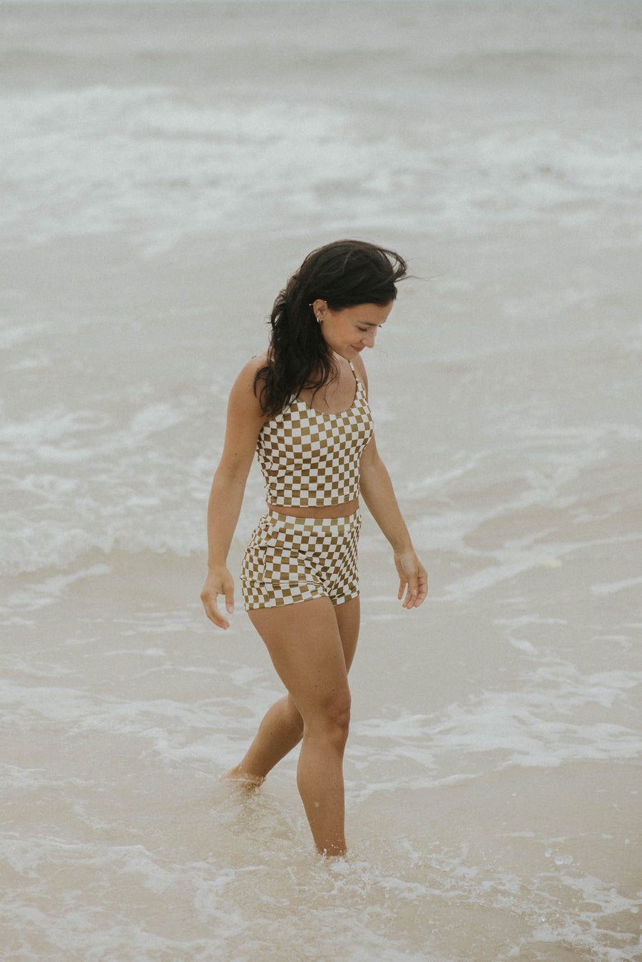 high waisted swim shorts modest vintage trendy checkered pattern bikini bottoms