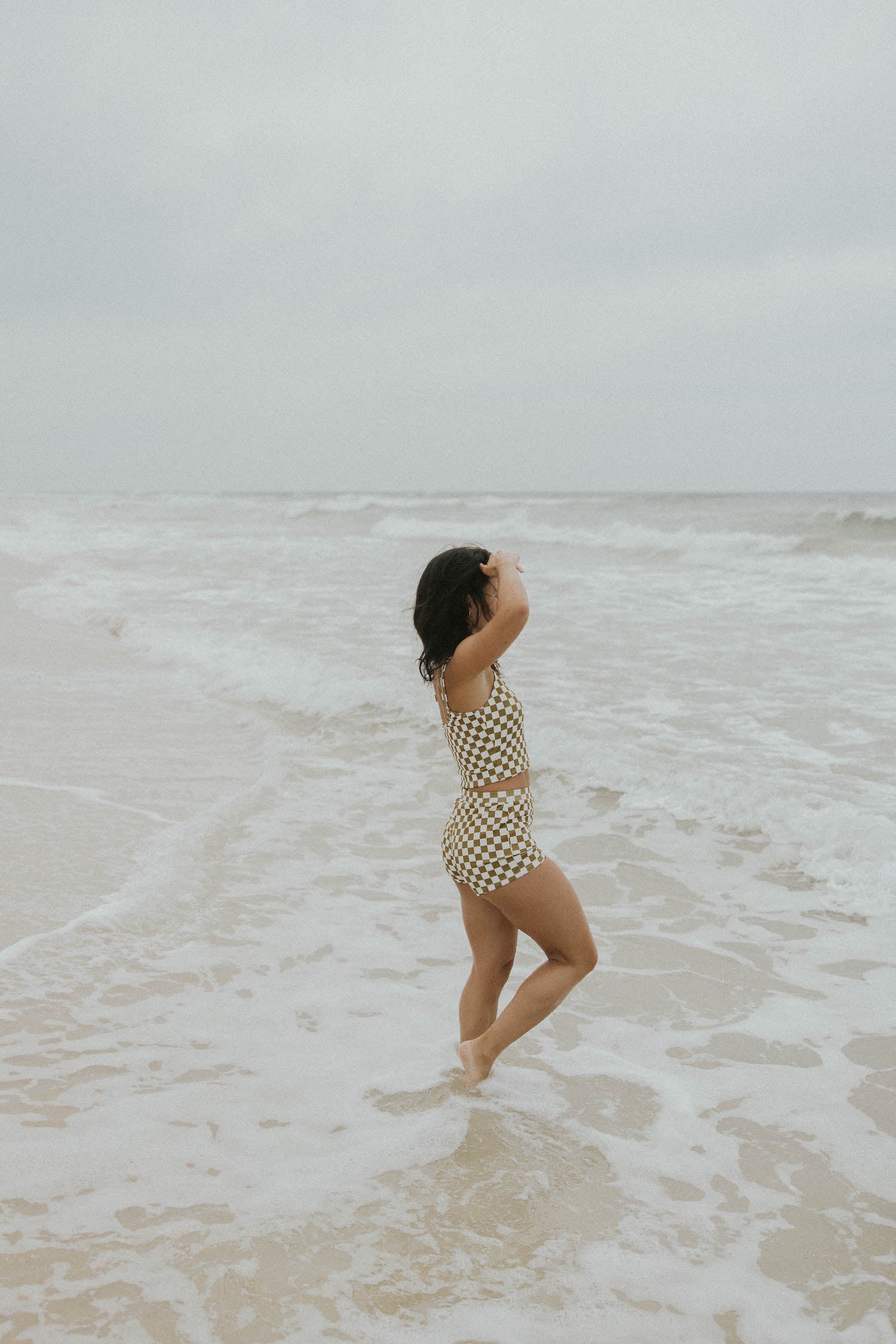 high waisted swim shorts modest vintage trendy checkered pattern bikini bottoms