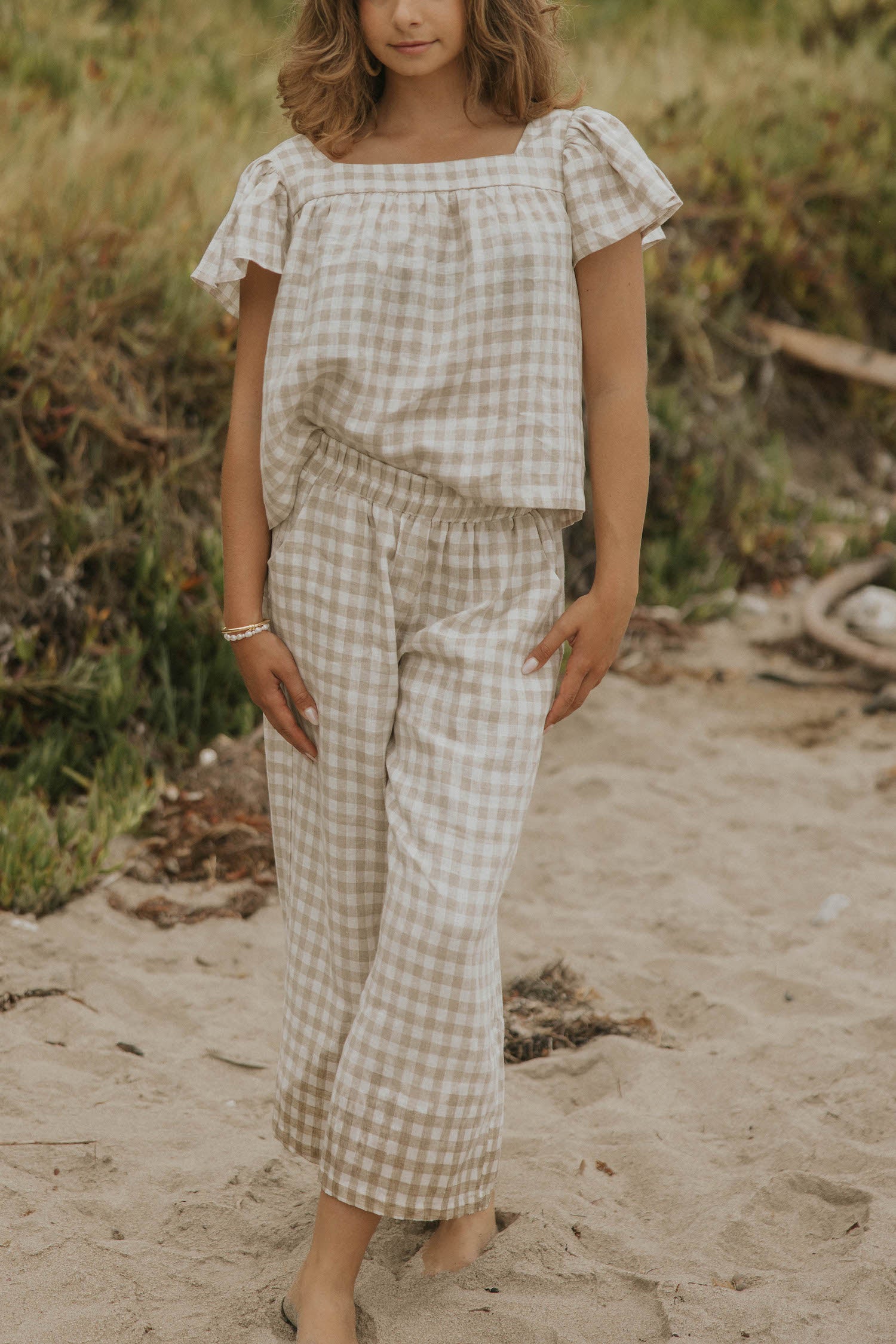 Wide leg gingham pants for women.