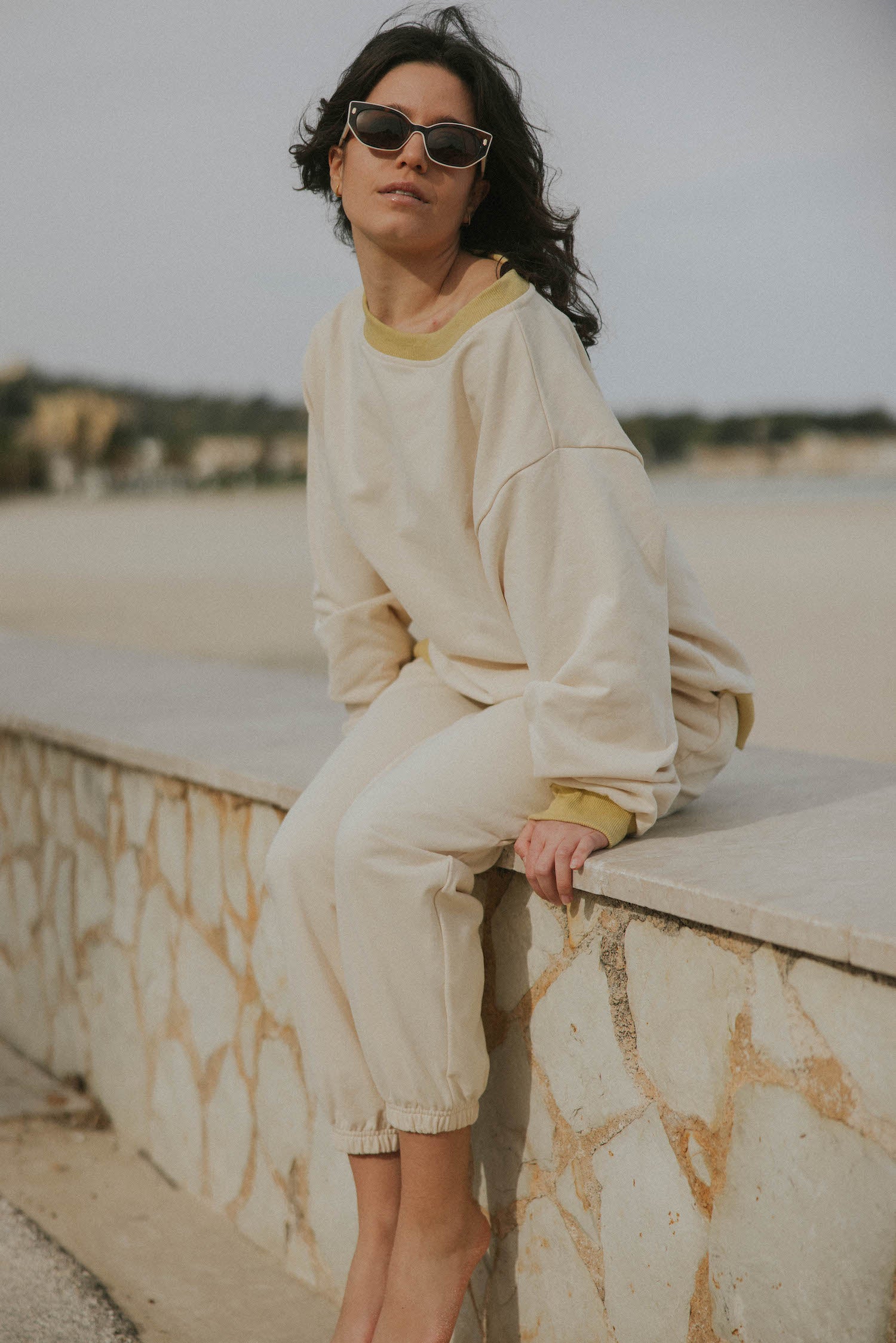 French terry crewneck in neutral cream.