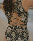 Black floral lace up corset full coverage Bikini top
