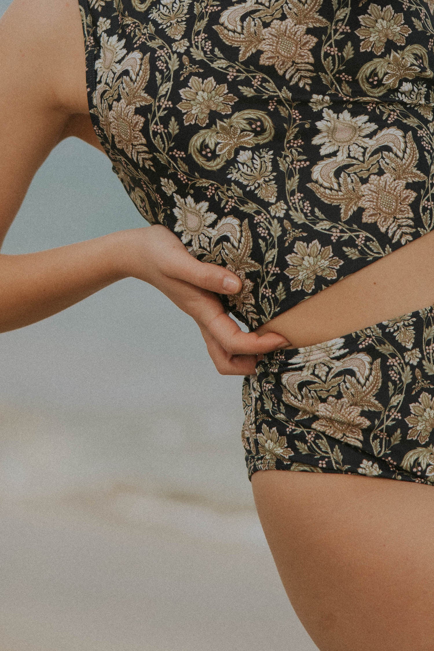 Black floral high neck full coverage swimsuit matching set