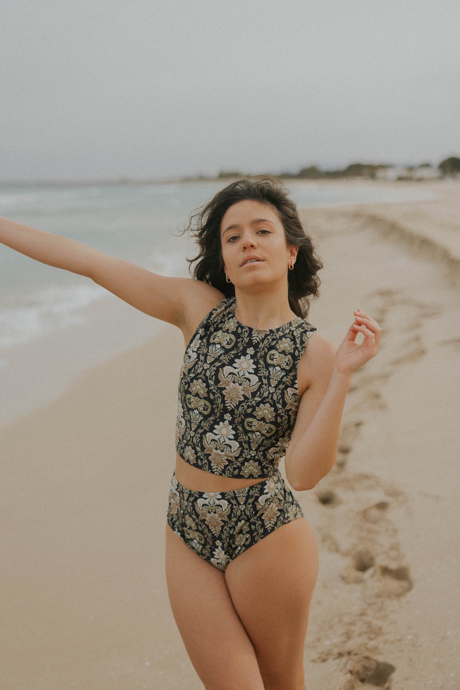 Black floral high neck full coverage bathing suit