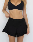 Obsidian High Waisted Swim Shorts | Ribbed Ruffled Swim Shorts with Built In Liner