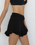 Obsidian High Waisted Swim Shorts | Ribbed Ruffled Swim Shorts with Built In Liner