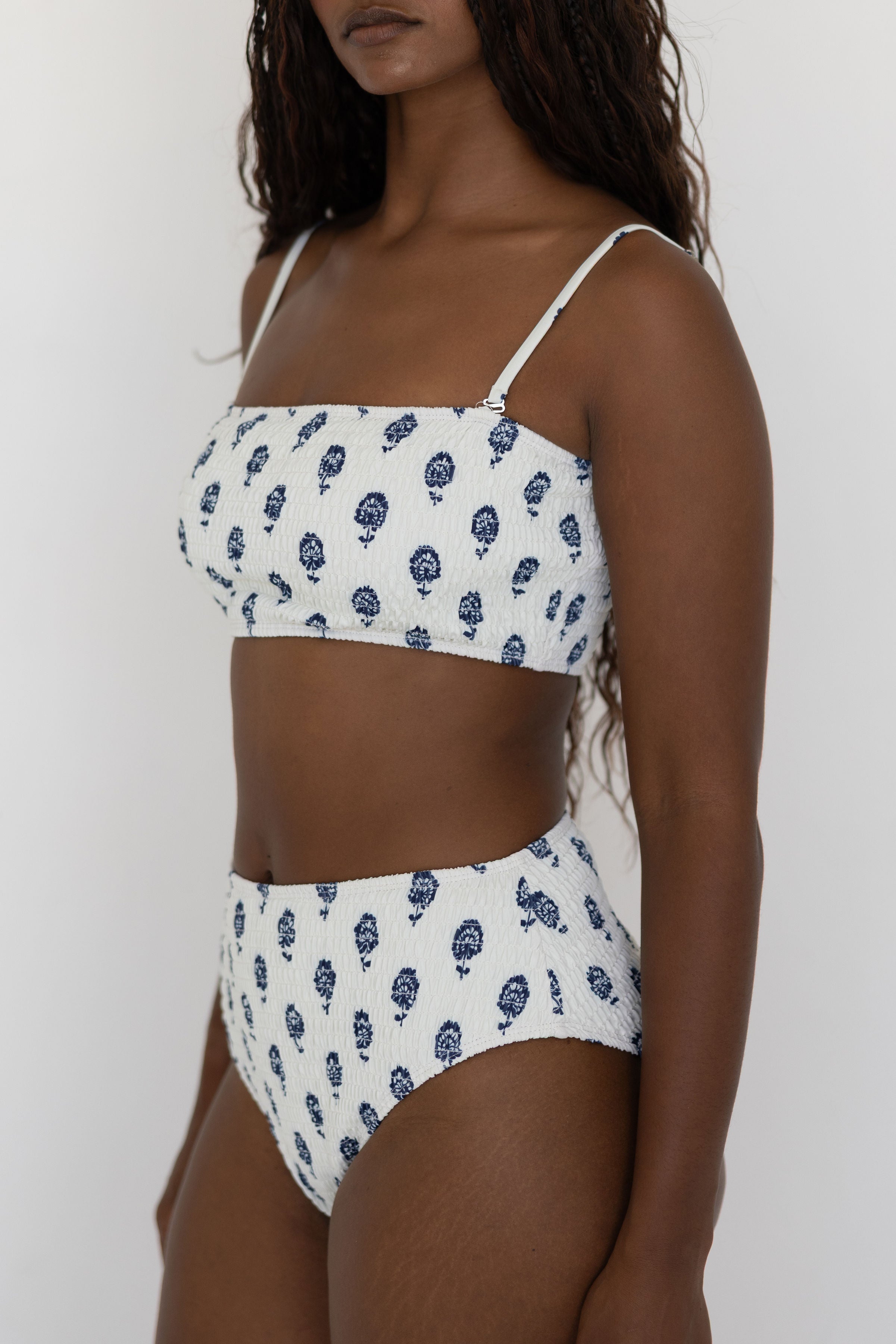 Porto High Waisted Bottoms | White Floral Shirred Bikini Bottoms