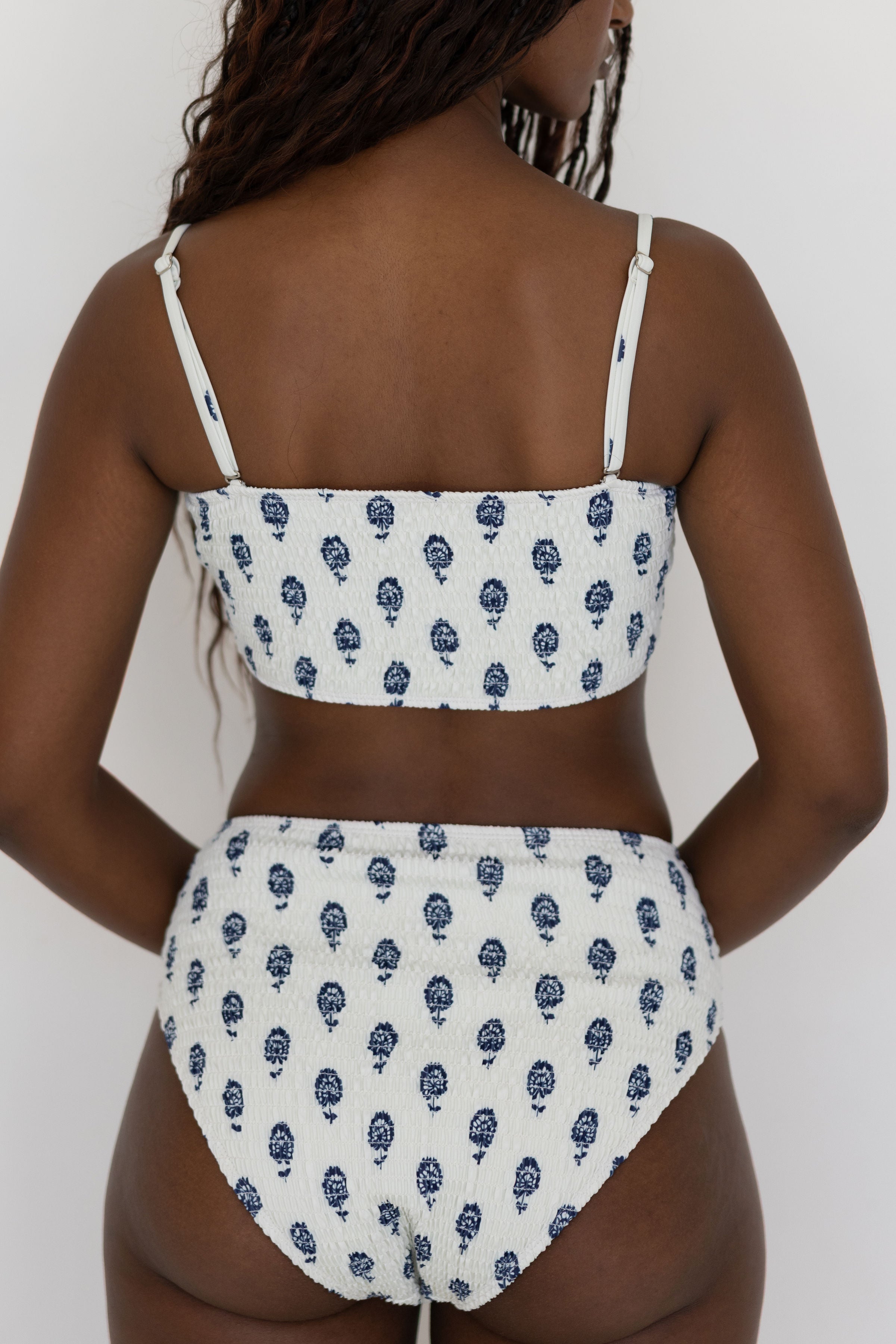 Porto High Waisted Bottoms | White Floral Shirred Bikini Bottoms