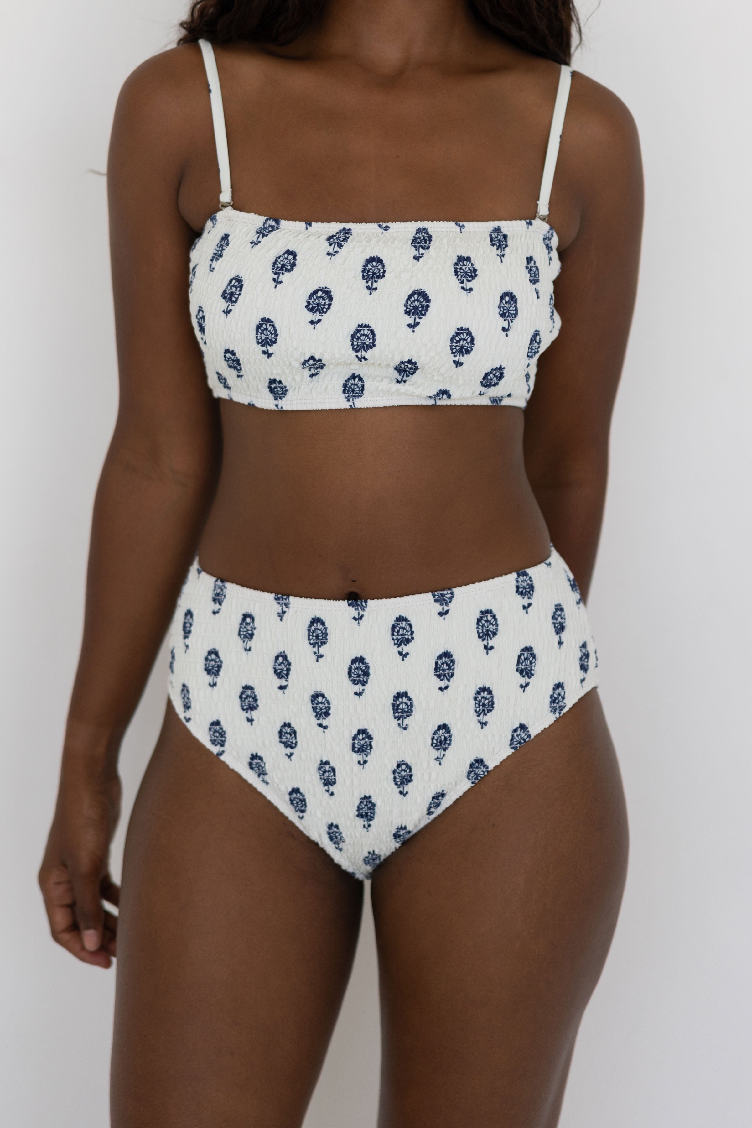 Porto High Waisted Bottoms | White Floral Shirred Bikini Bottoms