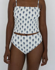 Porto High Waisted Bottoms | White Floral Shirred Bikini Bottoms