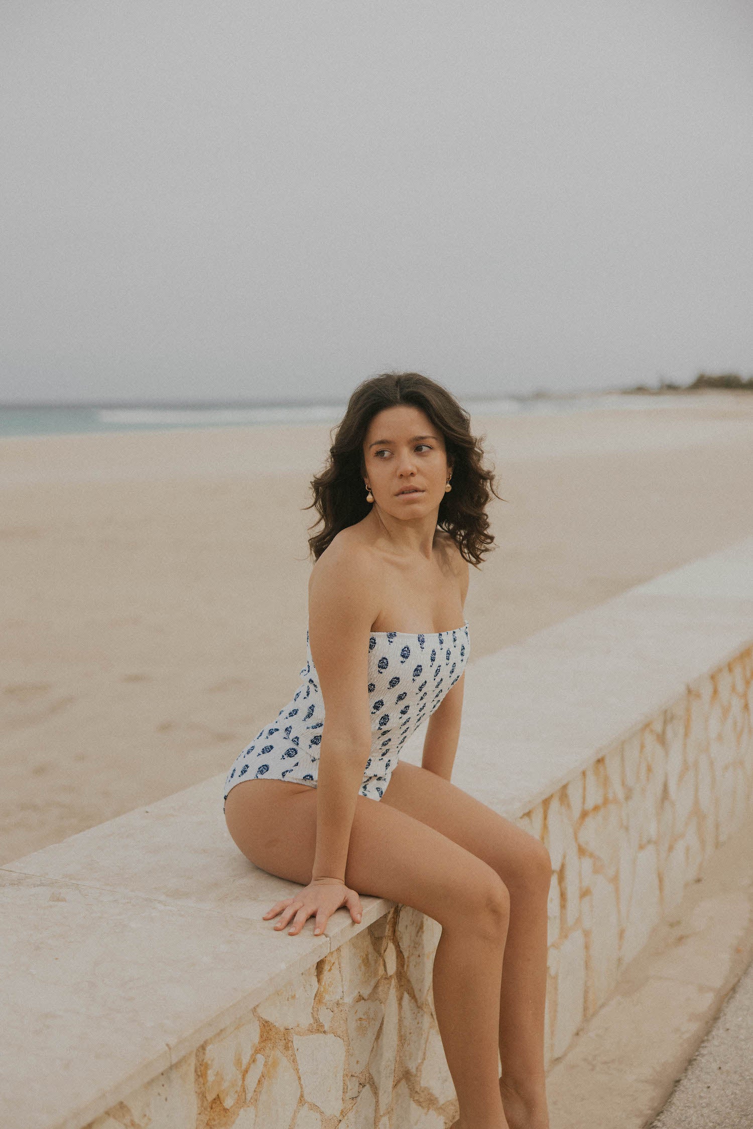 Strapless White and Navy Floral Full Coverage Bikini Top