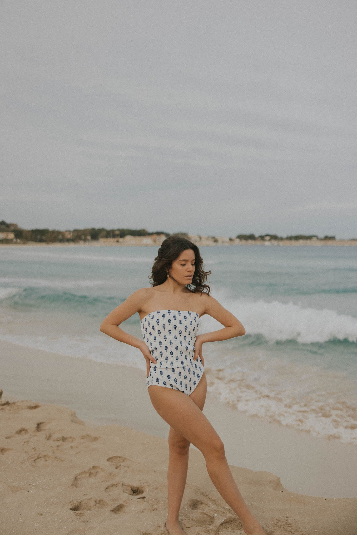 White and Navy Strapless Full Coverage Bikini Set