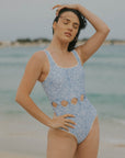 Sky Blue and White Floral One Piece Swimsuit with Cut Outs