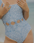 Sky Blue and White Floral One Piece Swimsuit with Cut Outs and Ric Rac Trim