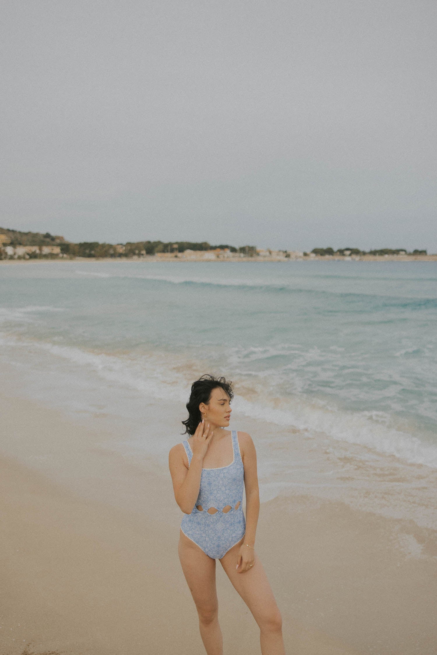 Sky Blue Full Coverage One Piece Swimsuit with Diamond Cut Outs