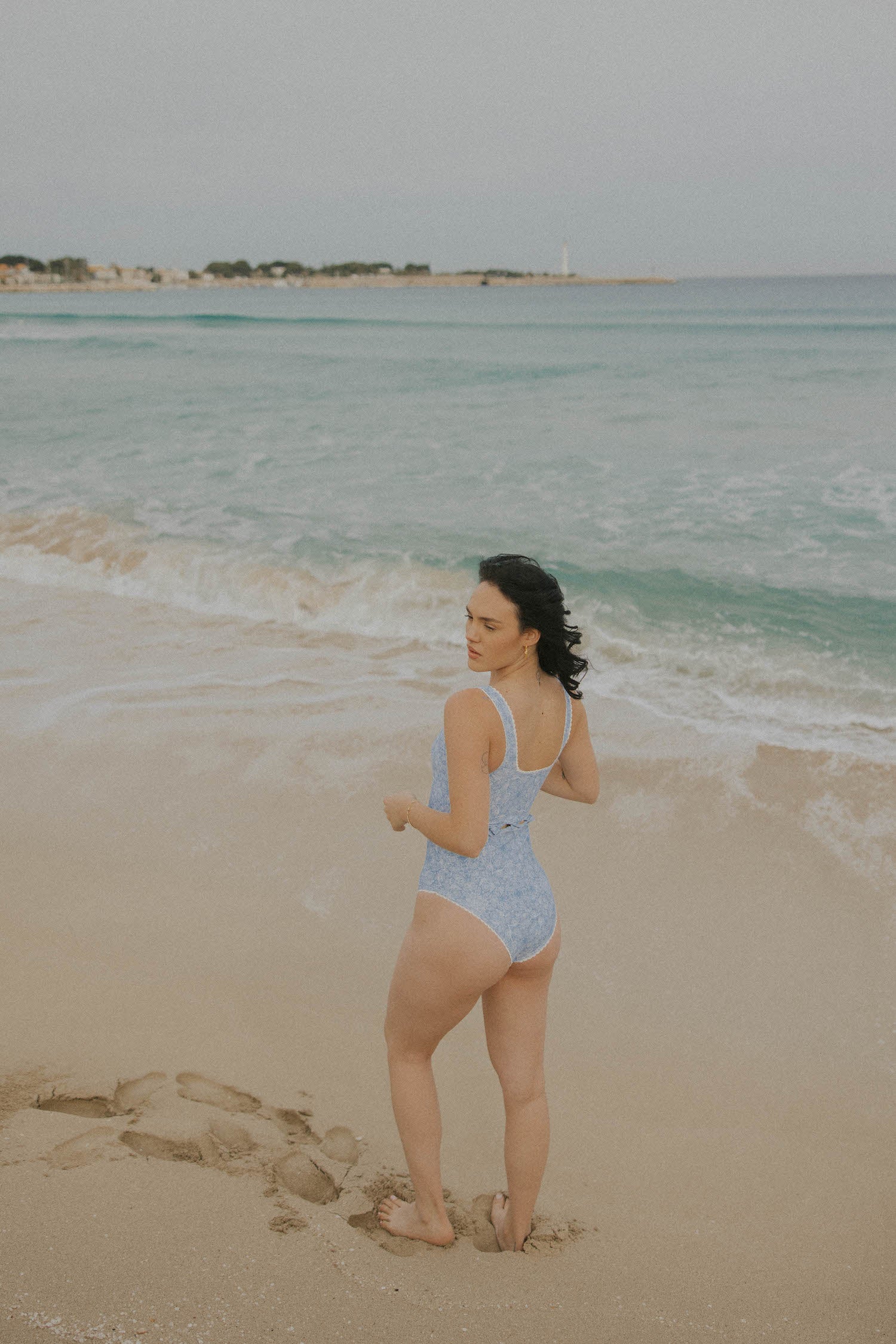 Sky Blue Floral Modest One Piece Bathing Suit for Women