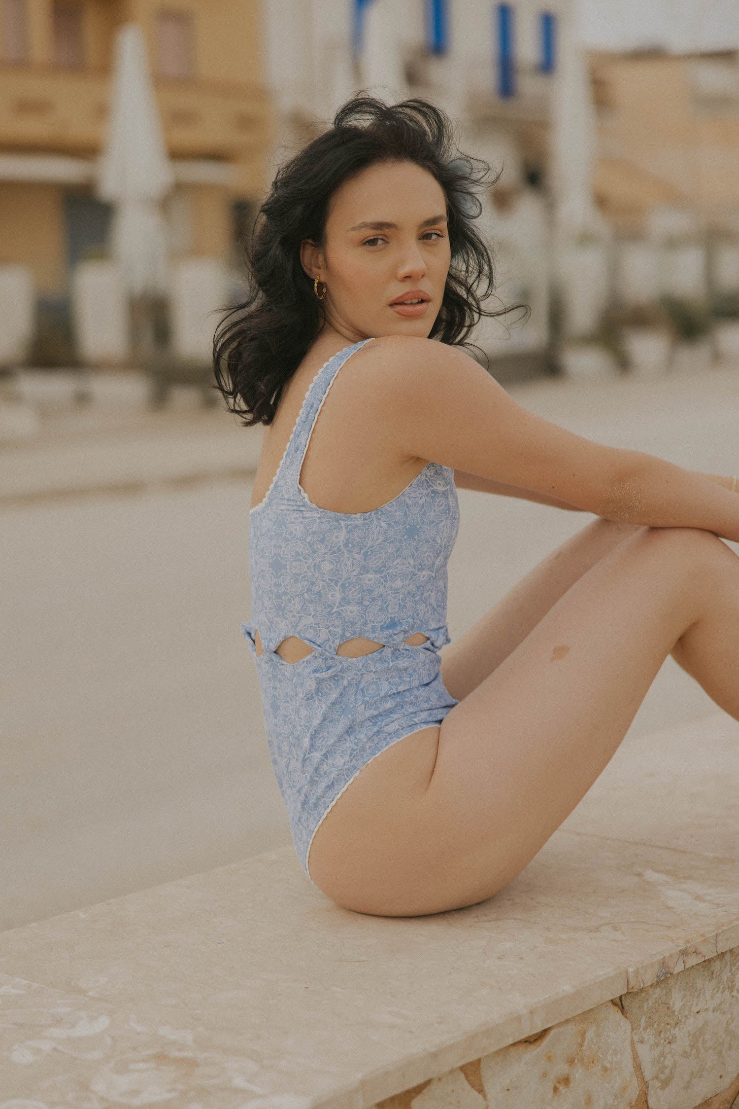 Sky Blue Floral Modest One Piece Bathing Suit with Cut Outs