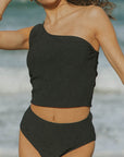 Modest Full Coverage One Strapped Simple Black Bikini Top and Bottoms