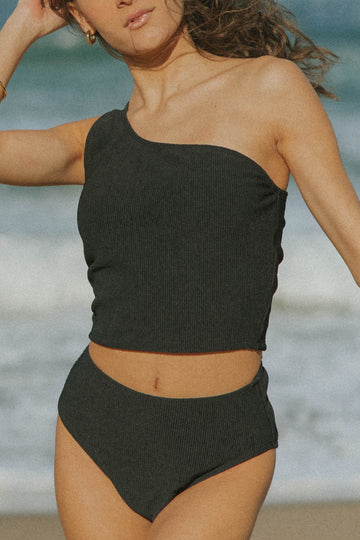 Modest Full Coverage One Strapped Simple Black Bikini Top and Bottoms