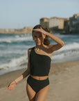 Modest One Strapped Simple Black Bikini Top and Bottoms