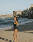 Modest Full Coverage One Strapped Simple Black Bikini Matching Bathing Suit Set