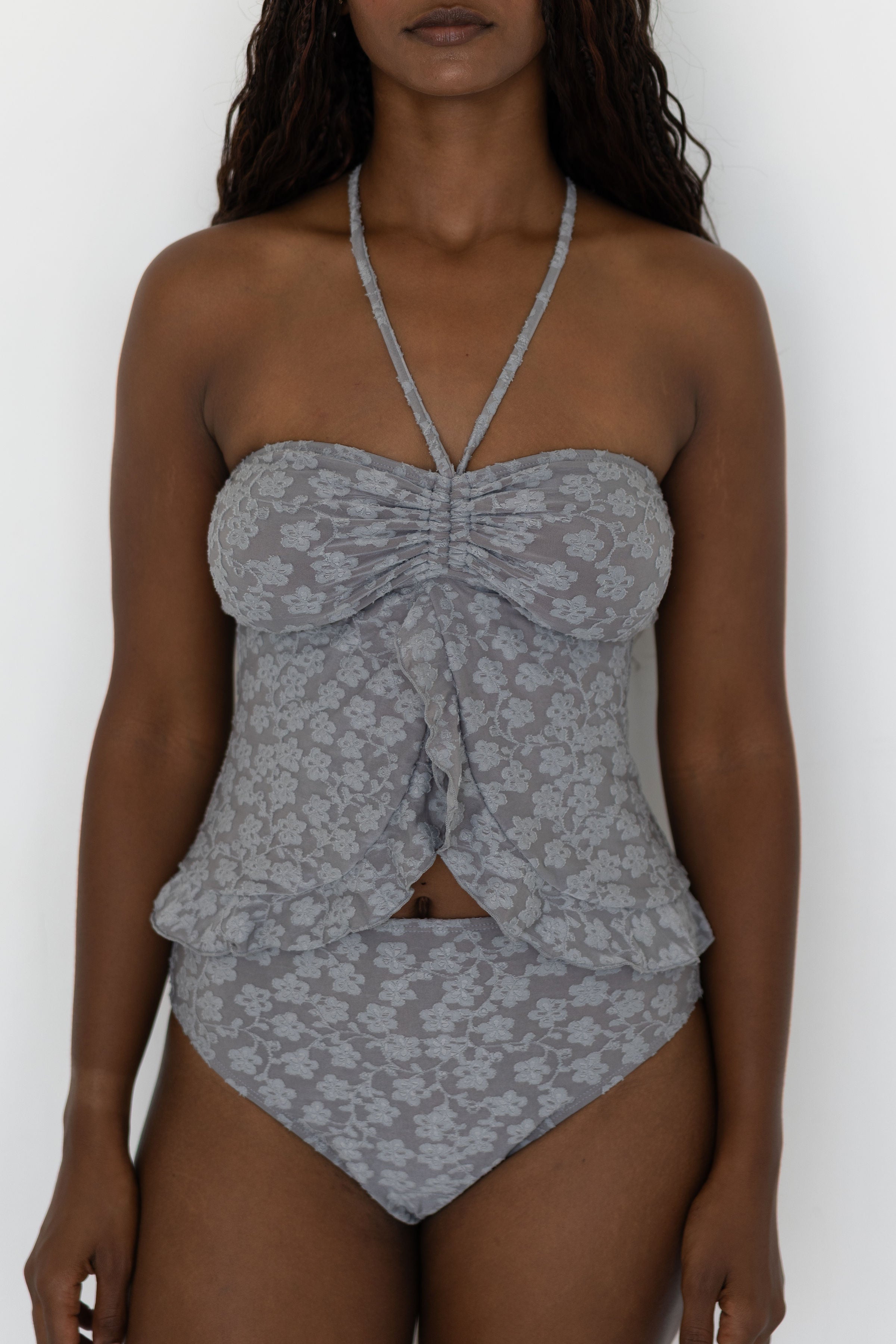 Sierra Top | Blue Textured Floral Halter Tankini Top