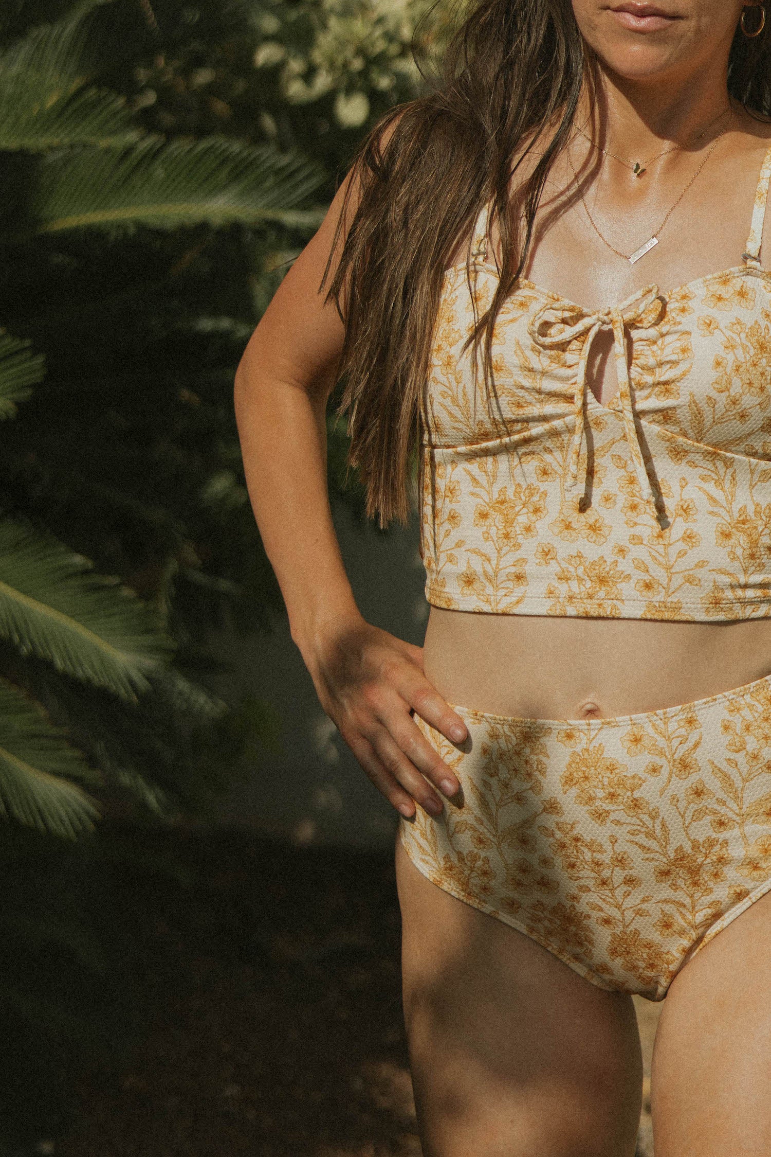 Sexy Modest Yellow Floral Bikini Top with Keyhole