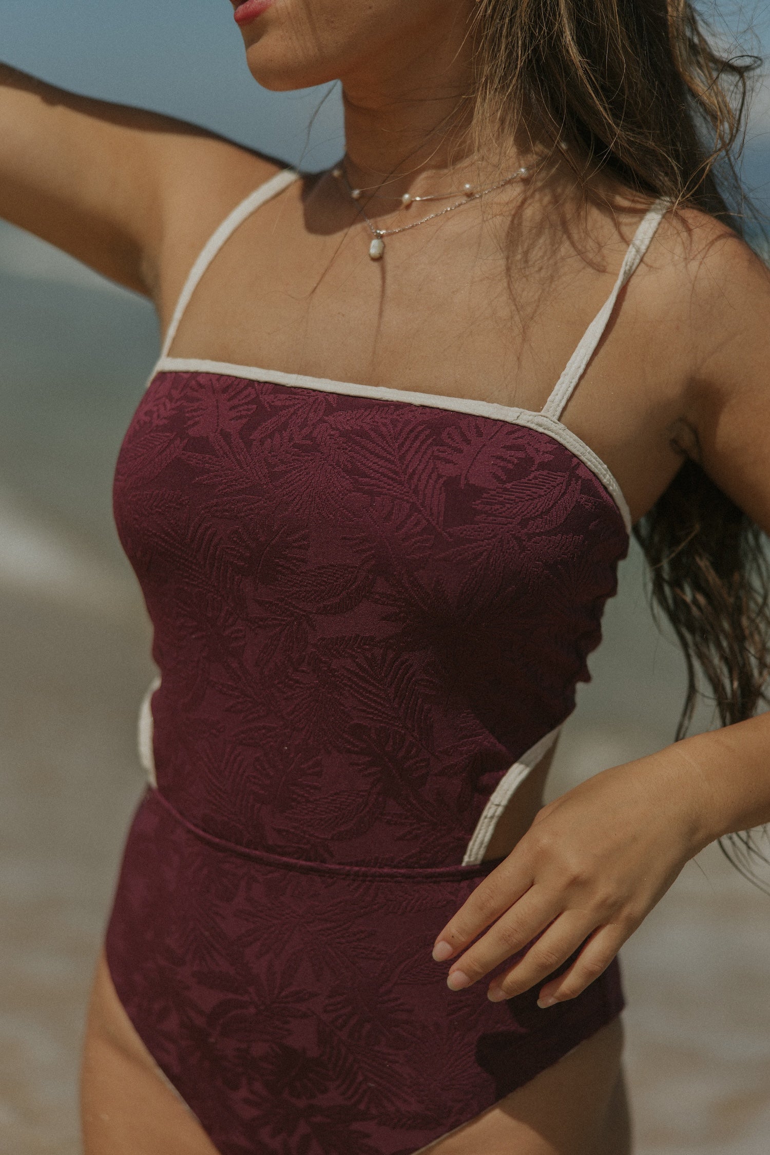 Cute Botanical Floral Textured Burgundy One Piece Swimsuit