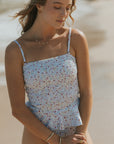 White Floral Cute Peplum Tankini Smocked