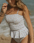Full Coverage Cute White Peplum Smocked Tankini Top and High Waisted Bottoms