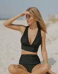 sexy swimwear black bikini plunge neck good coverage bikini top