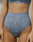 Blue and white ditsy floral high waisted bottoms bikini