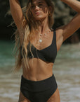 Black Full Coverage High Waisted Textured Cute Modest Bikini for Women