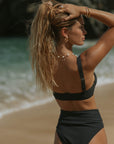 Textured Black Bikini with High Waisted Tummy Control Bottoms and adjustable straps