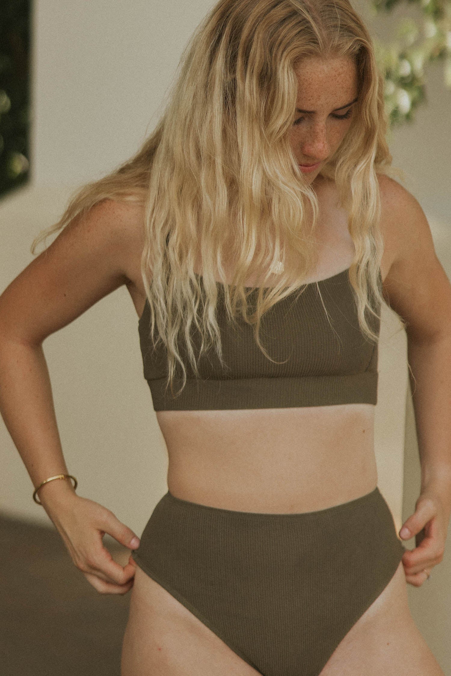 Neutral Brown Textured Full Coverage Bikini Top and Bottoms