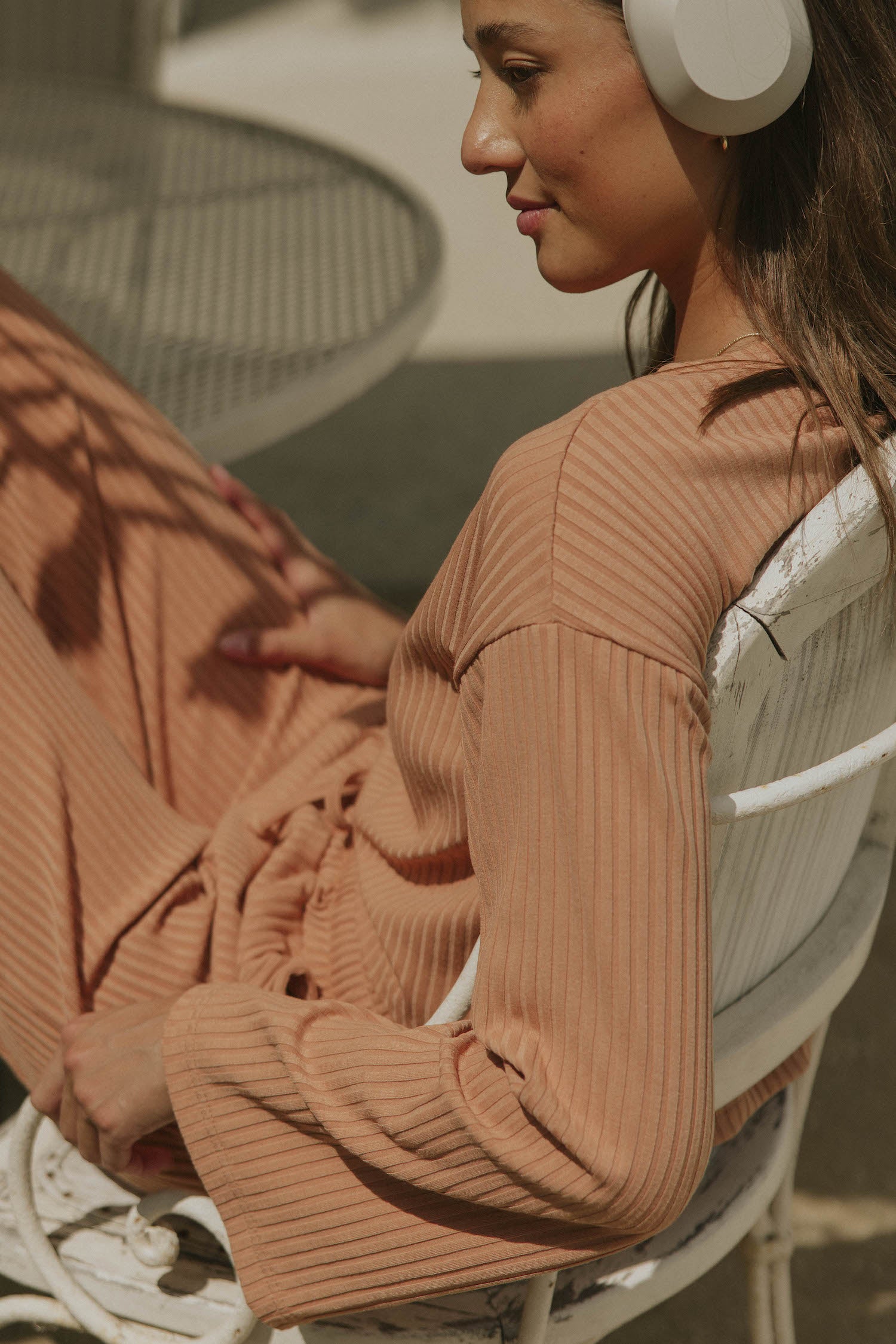 Ribbed long sleeve loungewear top for women.