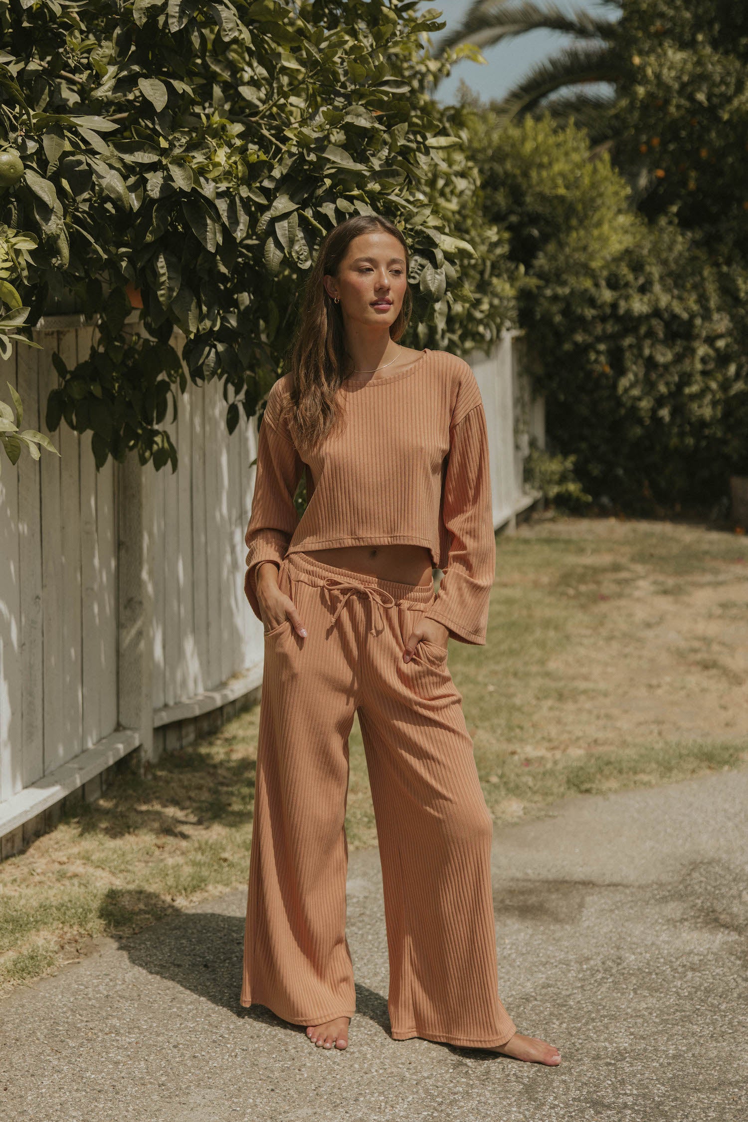 Ribbed flare loungewear pants for women.