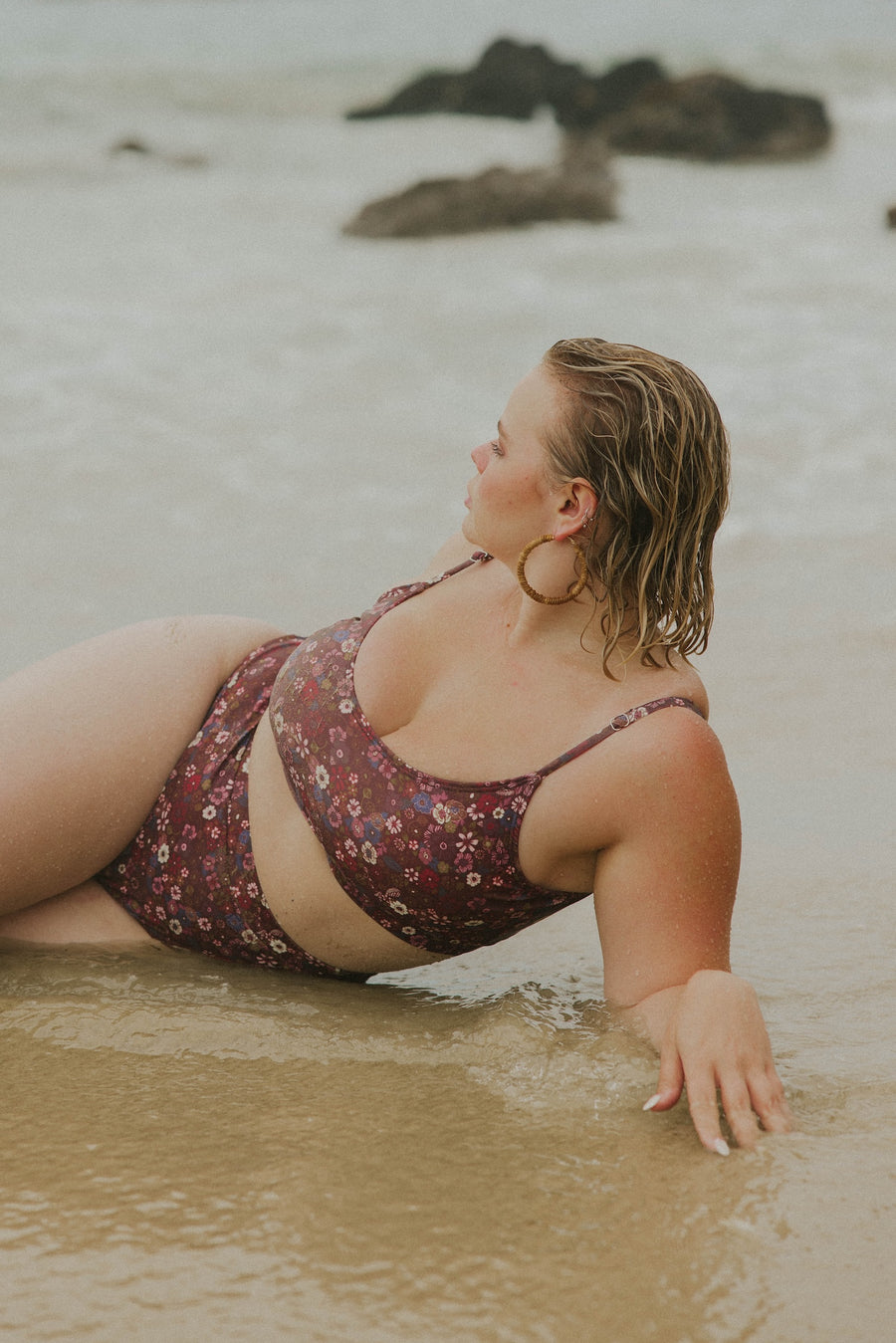 Maroon Modest Beachy Floral Bikini Set