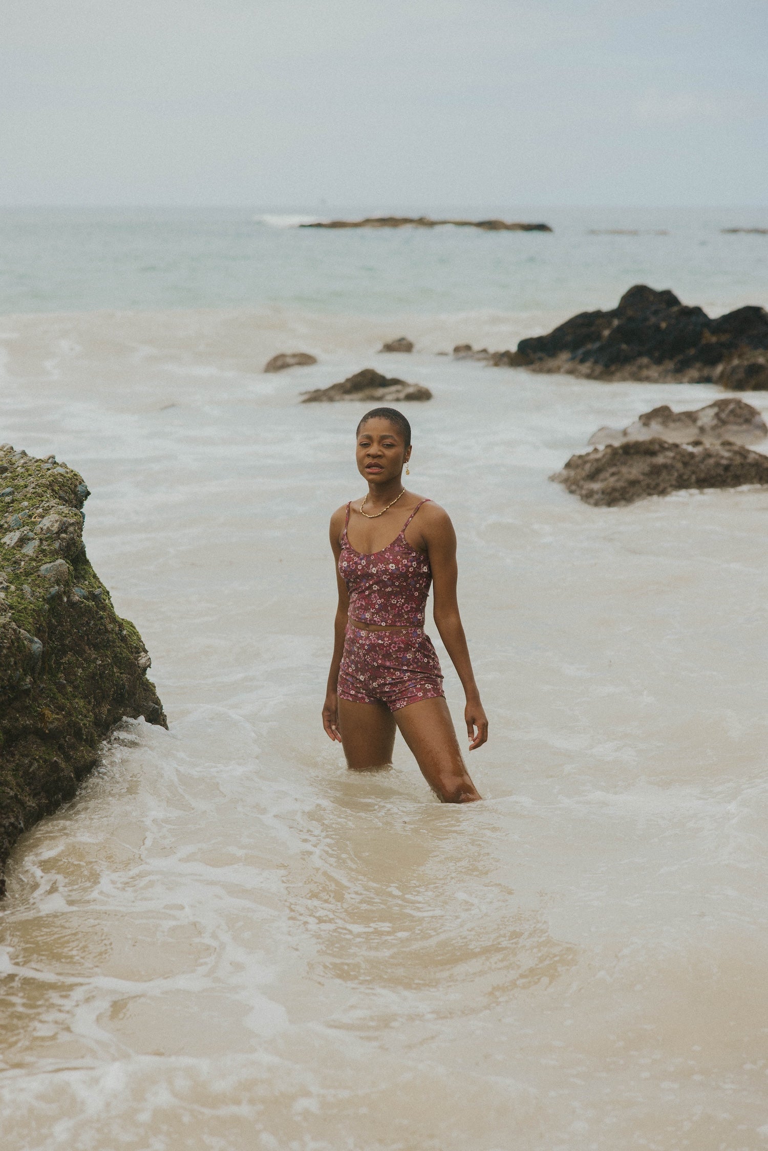 Modest Classy Beachy Maroon Floral Bikini Set with High Waisted Swim Shorts