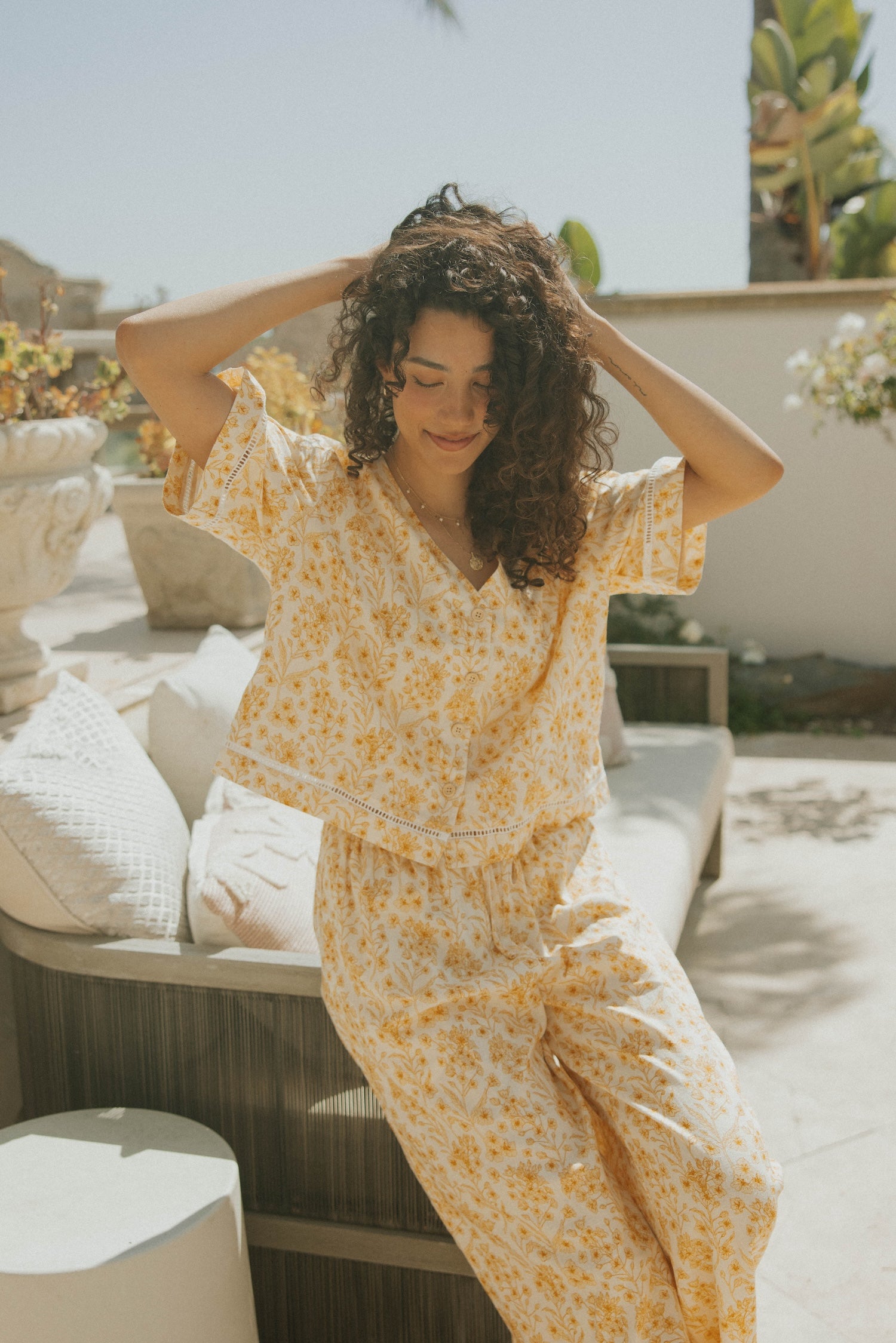 Floral blouse in linen two piece set for women. 